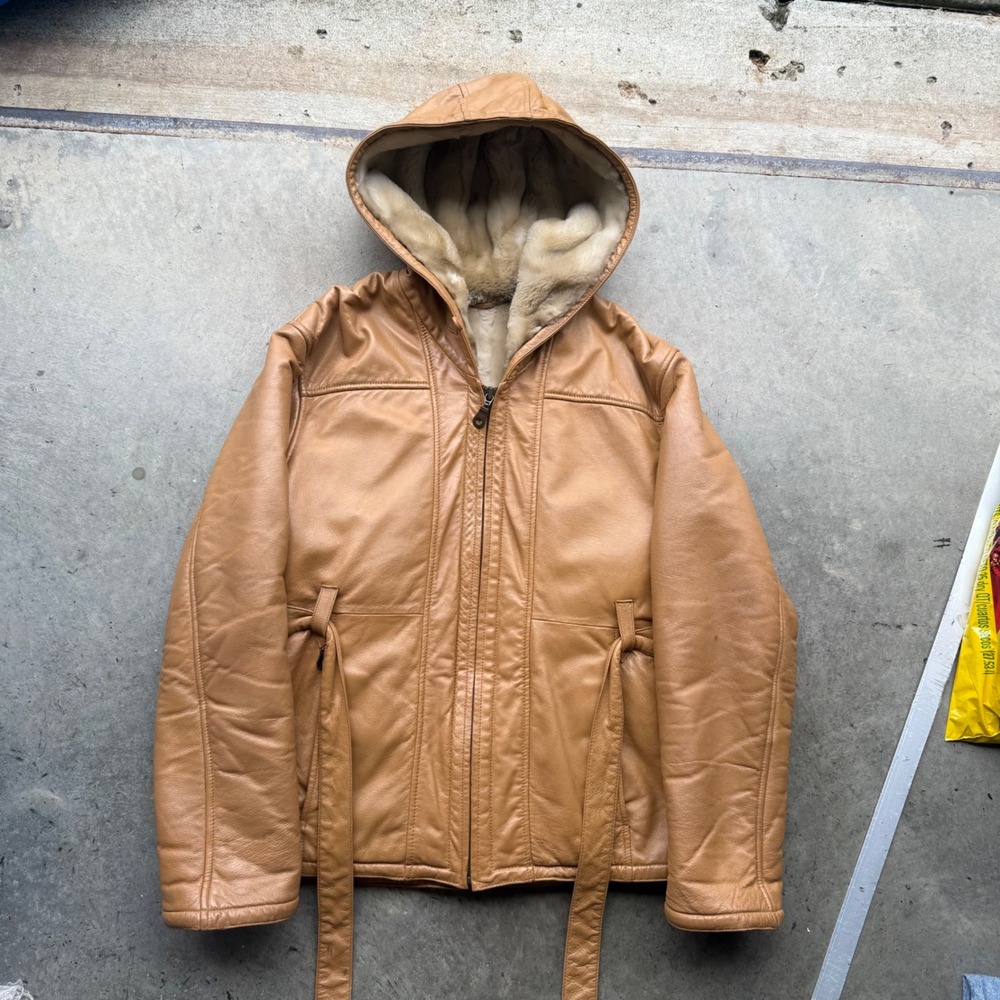 Vintage Tan Leather Hooded Jacket Faux Fur Lined Tie Waist Parka Coat